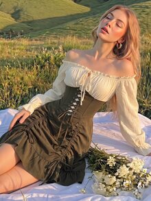 SHEIN MOD Off-Shoulder Long Lantern Sleeve Front Short Back Long Court Style Dress - Multicolor - View 3