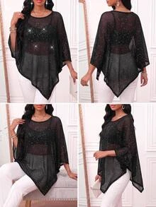 SHEIN Lady Women's Black Sequin Knit Cape Poncho Cover Up Asymmetric Hem Batwing Loose Elegant Sexy Party Cocktail Going Out Club Christmas New Year Fall Winter - Black - View 7