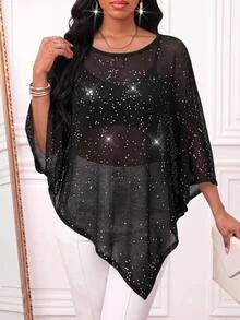 SHEIN Lady Women's Black Sequin Knit Cape Poncho Cover Up Asymmetric Hem Batwing Loose Elegant Sexy Party Cocktail Going Out Club Christmas New Year Fall Winter - Black - View 8