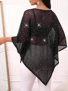 SHEIN Lady Women's Black Sequin Knit Cape Poncho Cover Up Asymmetric Hem Batwing Loose Elegant Sexy Party Cocktail Going Out Club Christmas New Year Fall Winter - Black - View 2