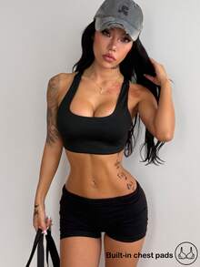 Coolane Tank Top Yoga Pendek Model Racerback Warna Hitam untuk Wanita, Atasan Olahraga Tanpa Lengan untuk Berolahraga - Hitam - View 5