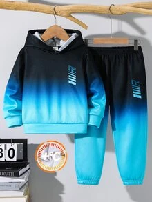 SHEIN 2件組兒童小男孩休閒運動漸層紮染連帽衛衣與運動長褲套裝，適合秋季、學校、家庭聚會、返校季 - 藍色 - 查看 3