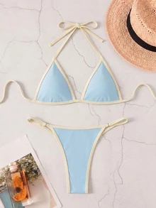 Costavie Women's Contrast Trim Swimwear Set For Beach Vacation - Baby Blue - View 4