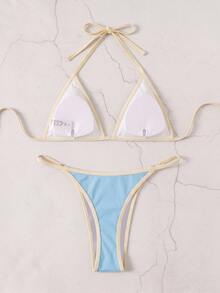 Costavie Women's Contrast Trim Swimwear Set For Beach Vacation - Baby Blue - View 3