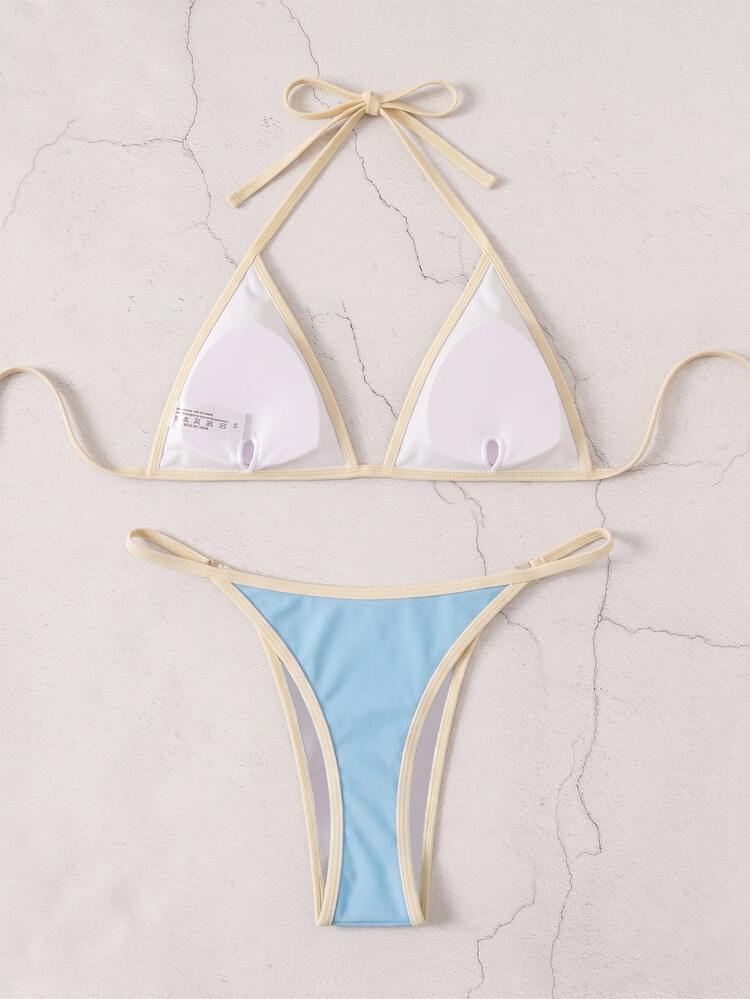 Costavie Conjunto de traje de baño con ribete de contraste para vacaciones en la playa - Celeste - Añade 3