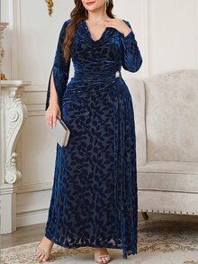 Reflora Plus Size Women's Floral Print Cowl Neck Split Sleeve Elegant Dress Christmas - Blue - View 5