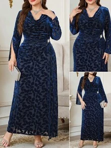 Reflora Plus Size Women's Floral Print Cowl Neck Split Sleeve Elegant Dress Christmas - Blue - View 4