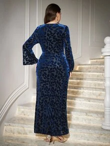 Reflora Plus Size Women's Floral Print Cowl Neck Split Sleeve Elegant Dress Christmas - Blue - View 3