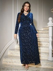 Reflora Plus Size Women's Floral Print Cowl Neck Split Sleeve Elegant Dress Christmas - Blue - View 8