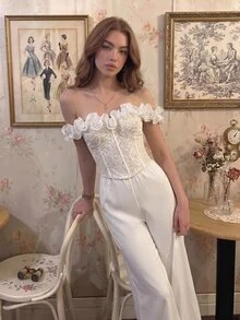SHEIN MOD Strapless Lace Trim Wide Leg Jumpsuit - White - View 5