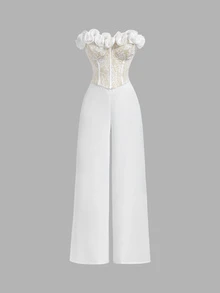 SHEIN MOD Strapless Lace Trim Wide Leg Jumpsuit - White - View 2