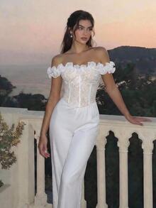 SHEIN MOD Strapless Lace Trim Wide Leg Jumpsuit - White - View 3