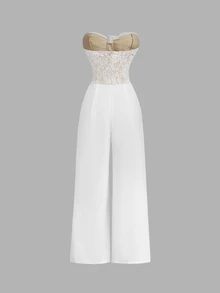 SHEIN MOD Strapless Lace Trim Wide Leg Jumpsuit - White - View 4
