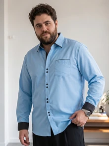 DRIVNCORE Plus Size Men's Casual Colorblock Patchwork Shirt, Autumn, Long Sleeve Top, Formal, Ceremony - Blue - View 4
