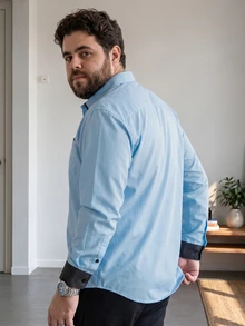 DRIVNCORE Plus Size Men's Casual Colorblock Patchwork Shirt, Autumn, Long Sleeve Top, Formal, Ceremony - Blue - View 2