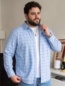 DRIVNCORE Men Plus Size Plaid Long Sleeve Single-Breasted Casual Commuter Formal Shirt, Fall, Ceremony - Blue - View 4