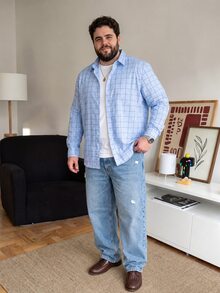 DRIVNCORE Men Plus Size Plaid Long Sleeve Single-Breasted Casual Commuter Formal Shirt, Fall, Ceremony - Blue - View 3