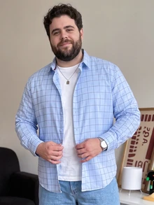 DRIVNCORE Men Plus Size Plaid Long Sleeve Single-Breasted Casual Commuter Formal Shirt, Fall, Ceremony - Blue - View 1