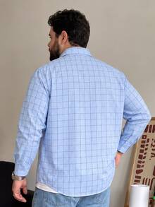 DRIVNCORE Men Plus Size Plaid Long Sleeve Single-Breasted Casual Commuter Formal Shirt, Fall, Ceremony - Blue - View 2
