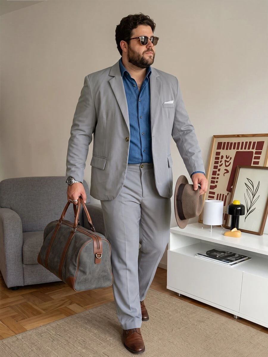 DRIVNCORE Plus Size Men's Business Commuter Suit Set(Blazer & Pants)Grey Suits For Men Slim Fit Wedding Classy Clothes Elegant Outfit, Formal, Ceremony - Light Grey - View 1