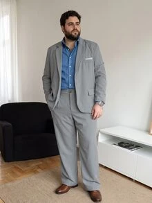 DRIVNCORE Plus Size Men's Business Commuter Suit Set(Blazer & Pants)Grey Suits For Men Slim Fit Wedding Classy Clothes Elegant Outfit, Formal, Ceremony - Light Grey - View 3