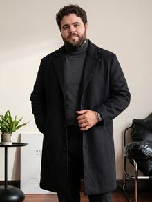 OlaMetro Plus Size Men Solid Color Lapel Neck Single Breasted Overcoat, Men's Long Sleeve Black Coat, For Fall Winter - Black - View 1
