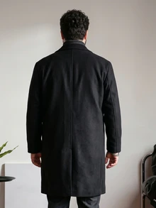 OlaMetro Plus Size Men Solid Color Lapel Neck Single Breasted Overcoat, Men's Long Sleeve Black Coat, For Fall Winter - Black - View 2
