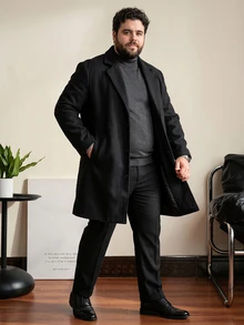 OlaMetro Plus Size Men Solid Color Lapel Neck Single Breasted Overcoat, Men's Long Sleeve Black Coat, For Fall Winter - Black - View 4
