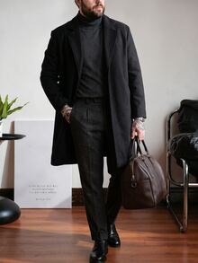 OlaMetro Plus Size Men Solid Color Lapel Neck Single Breasted Overcoat, Men's Long Sleeve Black Coat, For Fall Winter - Black - View 3