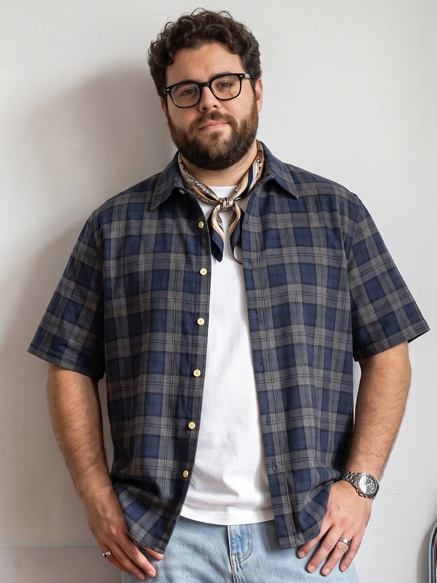 DRIVNCORE Plus Size Men Plaid Single Breasted Short Sleeve Shirt, Summer - Multicolor - View 1