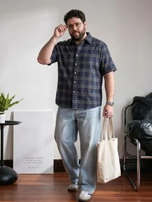 DRIVNCORE Plus Size Men Plaid Single Breasted Short Sleeve Shirt, Summer - Multicolor - View 3