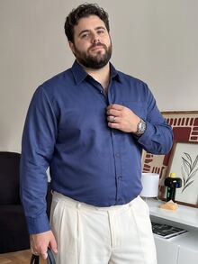 DRIVNCORE Men Plus Size Solid Color Single-Breasted Pocket Business Casual Long Sleeve Shirt, For Fall, Formal, Ceremony - Navy Blue - View 3