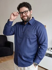 DRIVNCORE Men Plus Size Solid Color Single-Breasted Pocket Business Casual Long Sleeve Shirt, For Fall, Formal, Ceremony - Navy Blue - View 4
