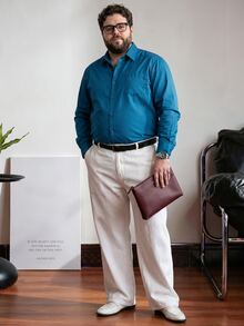 OlaMetro Plus Size Men Solid Color Button-Front Long Sleeve Casual Business Shirt, Fall, Formal - Teal Blue - View 3