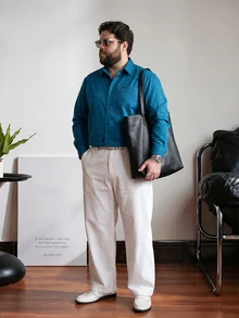 OlaMetro Plus Size Men Solid Color Button-Front Long Sleeve Casual Business Shirt, Fall, Formal - Teal Blue - View 4