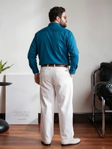 OlaMetro Plus Size Men Solid Color Button-Front Long Sleeve Casual Business Shirt, Fall, Formal - Teal Blue - View 2