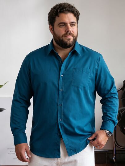 DRIVNCORE Plus Size Men Solid Color Button-Front Long Sleeve Casual Business Shirt, Fall, Formal