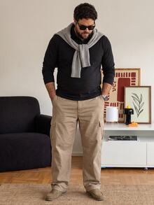 DRIVNCORE 大尺碼男士純色前開扣長袖休閒素面 Polo 衫，適合外出、秋季、正式場合 - 黑色 - 查看 3