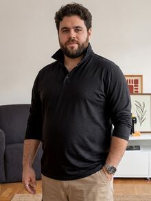 DRIVNCORE 大尺碼男士純色前開扣長袖休閒素面 Polo 衫，適合外出、秋季、正式場合 - 黑色 - 查看 4