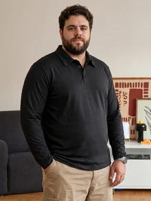 DRIVNCORE 大尺碼男士純色前開扣長袖休閒素面 Polo 衫，適合外出、秋季、正式場合 - 黑色 - 查看 1