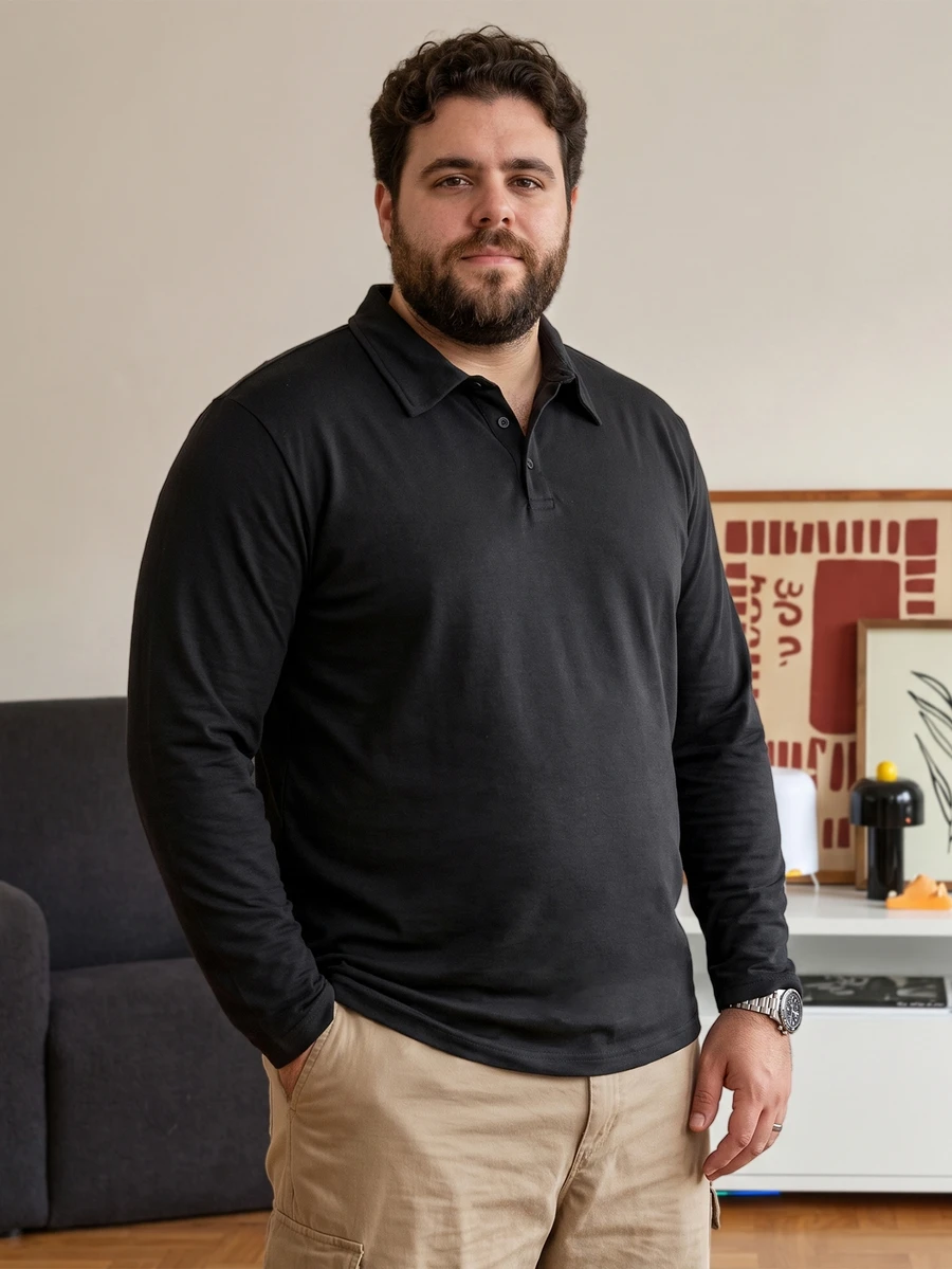 DRIVNCORE 大尺碼男士純色前開扣長袖休閒素面 Polo 衫,適合外出、秋季、正式場合 - 黑色 - 查看 1