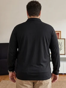 DRIVNCORE 大尺碼男士純色前開扣長袖休閒素面 Polo 衫，適合外出、秋季、正式場合 - 黑色 - 查看 2