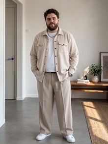 DRIVNCORE 加大码男士长袖衬衫式外套，浅色工装休闲外出外套，送给朋友、丈夫、男友的礼物，秋季必备 - 杏色 - 查看 3
