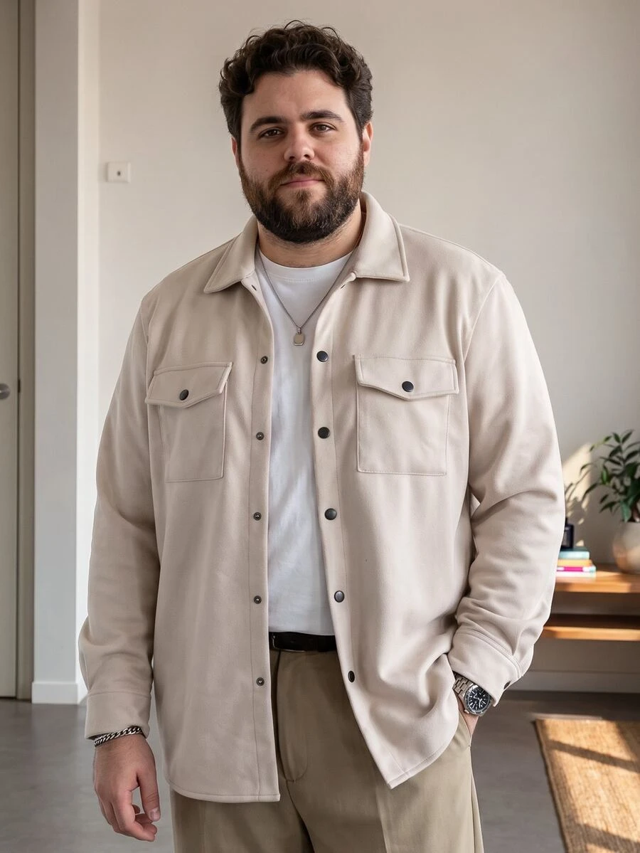 DRIVNCORE 加大码男士长袖衬衫式外套,浅色工装休闲外出外套,送给朋友、丈夫、男友的礼物,秋季必备 - 杏色 - 查看 1