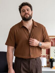 DRIVNCORE Plus Size Men's Solid Color Brown Short Sleeve Single-Breasted Casual Formal Office Shirt - Coffee Brown - View 1
