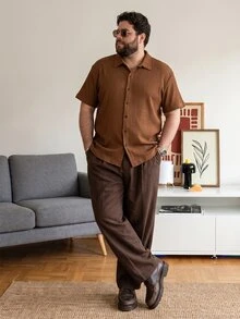 DRIVNCORE Plus Size Men's Solid Color Brown Short Sleeve Single-Breasted Casual Formal Office Shirt - Coffee Brown - View 4