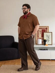 DRIVNCORE Plus Size Men's Solid Color Brown Short Sleeve Single-Breasted Casual Formal Office Shirt - Coffee Brown - View 3