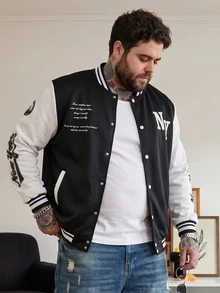 DRIVNCORE 男式加大码标语图案双色棒球夹克，卡通人物，长袖，外出，街头时尚，纽约风，撞色，秋季 - 黑與白 - 查看 3
