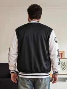 DRIVNCORE 男式加大码标语图案双色棒球夹克，卡通人物，长袖，外出，街头时尚，纽约风，撞色，秋季 - 黑與白 - 查看 2