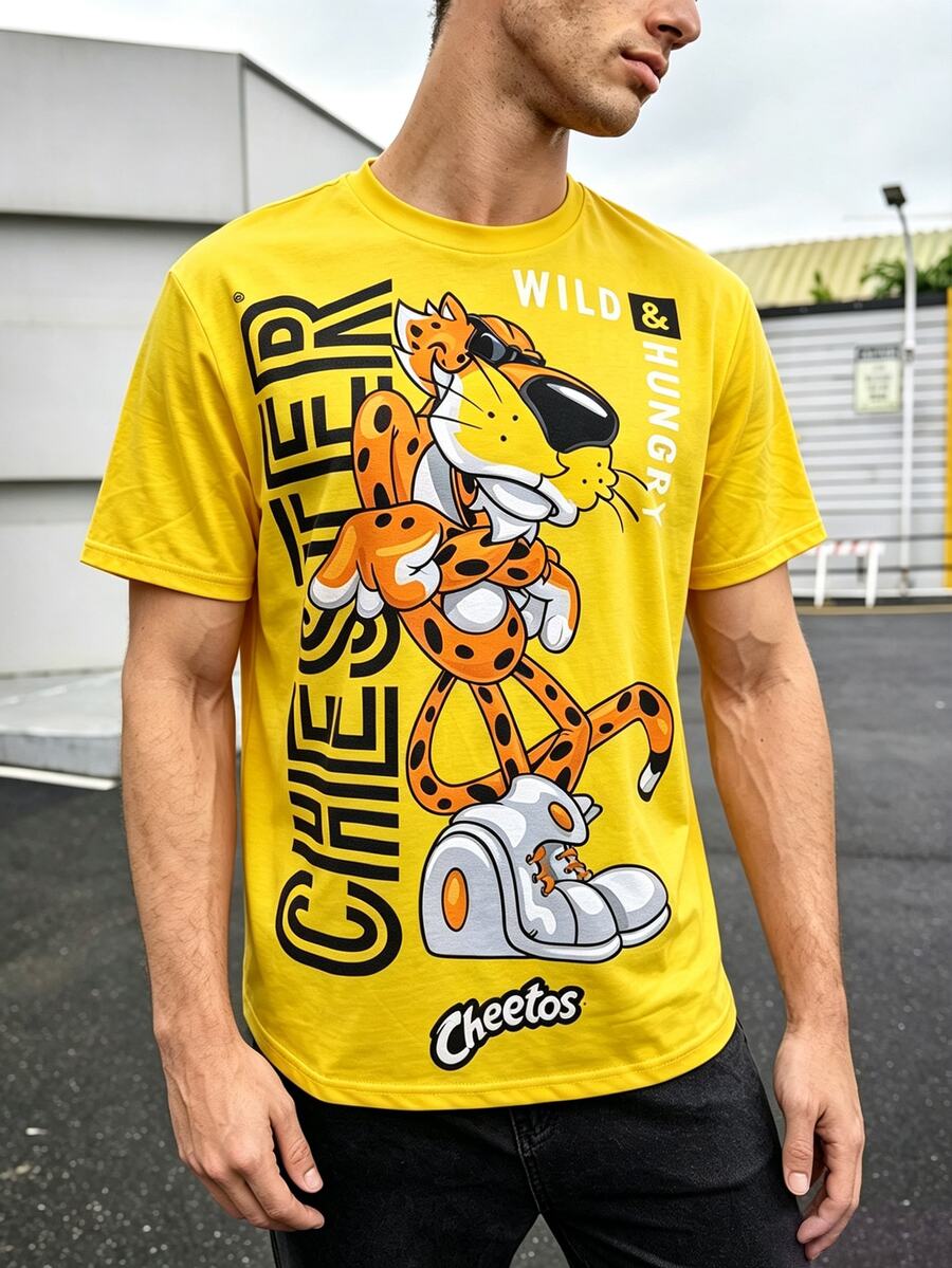 Cheetos X SHEIN Manfinity Dauomo 男士休閒卡通與字母圖案圓領短袖T恤,夏季 - 彩色 - 查看 1